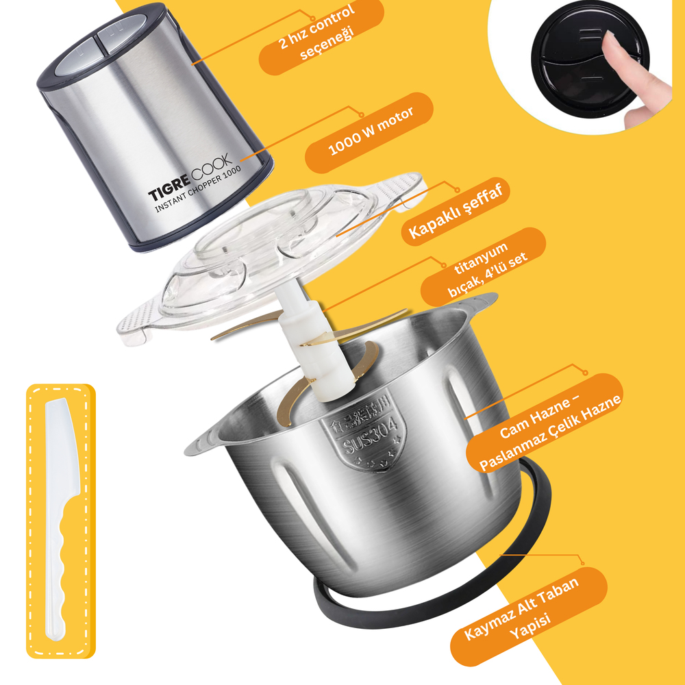 Instantchopper 1000 PRO – 2.3 L Cam ve Çelik Hazneli Et Kıyma & Sebze Rondo Doğrayıcı + Ekstra 1.2 L Hazne