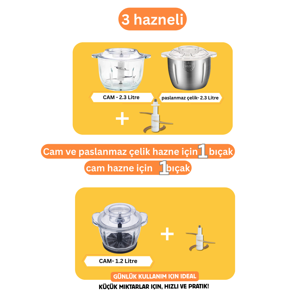 Instantchopper 1000 PRO – 2.3 L Cam ve Çelik Hazneli Et Kıyma & Sebze Rondo Doğrayıcı + Ekstra 1.2 L Hazne