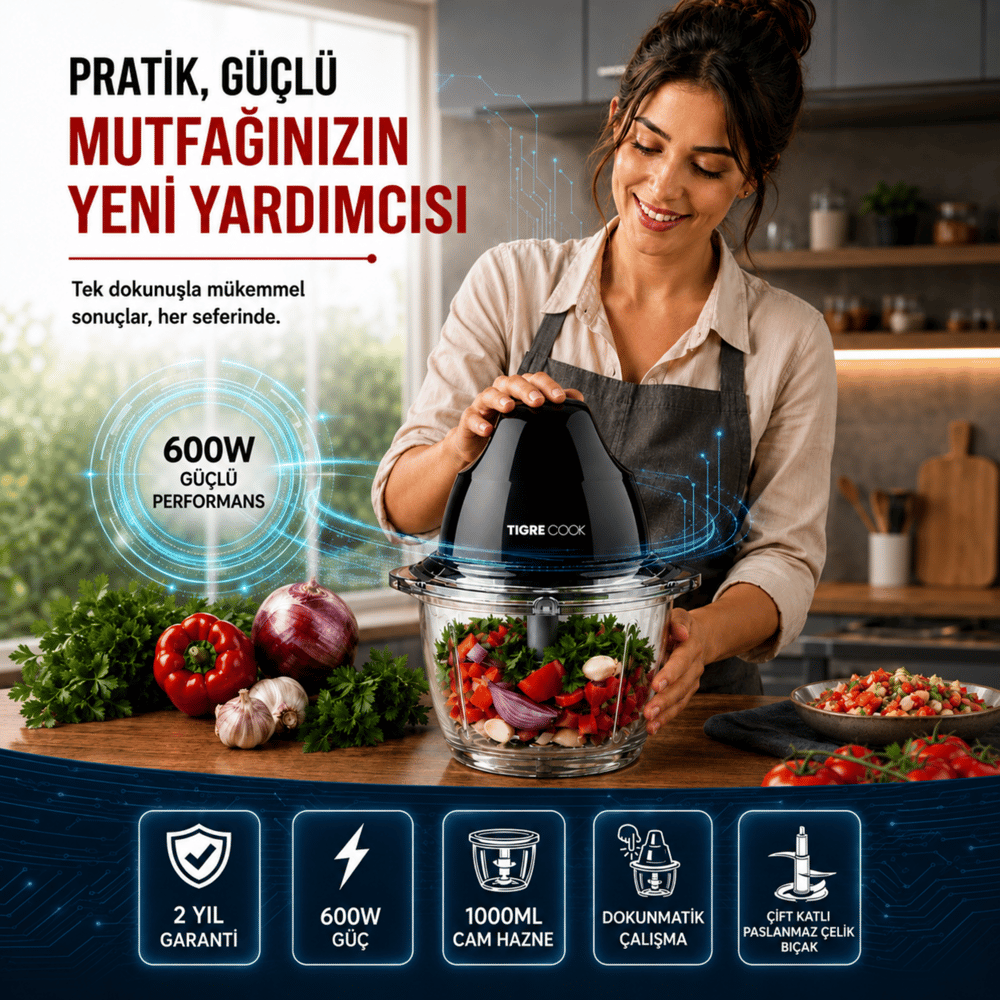 Instantchopper FIT  1L Cam Hazneli Et Kıyma & Sebze Rondo Doğrayıcı ÇİFT  ÇELİK BIÇAK 600W 