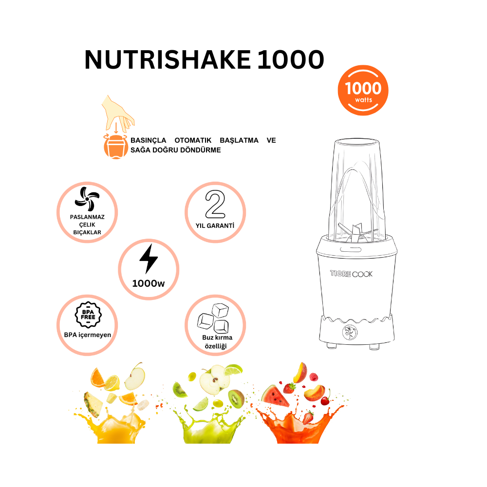 NUTRISHAKE 3 in 1 Paslanmaz Çelik Bıçaklı Kişisel Smoothie Blender ve Kahve Baharat Öğütücü 1000 GRi