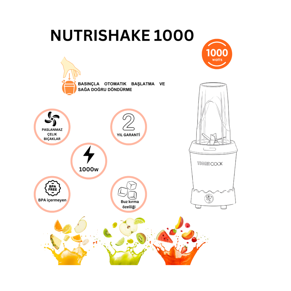 NUTRISHAKE 3 in 1 Paslanmaz Çelik Bıçaklı Kişisel Smoothie Blender ve Kahve Baharat Öğütücü 1000W GOLD