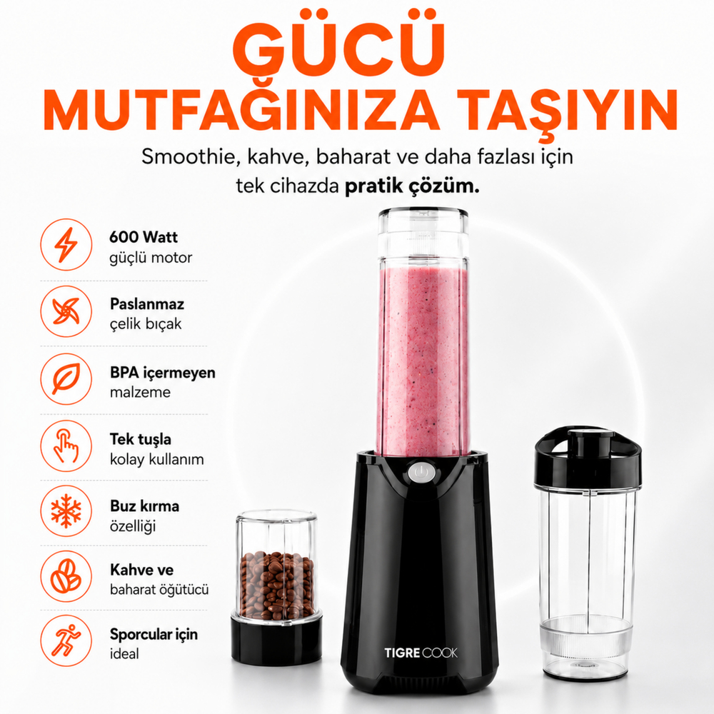 NUTRISHAKE  FIT  3 In 1 Kişisel Smoothie Blender Ve Kahve Baharat Öğütücü Buz Kırma  600w