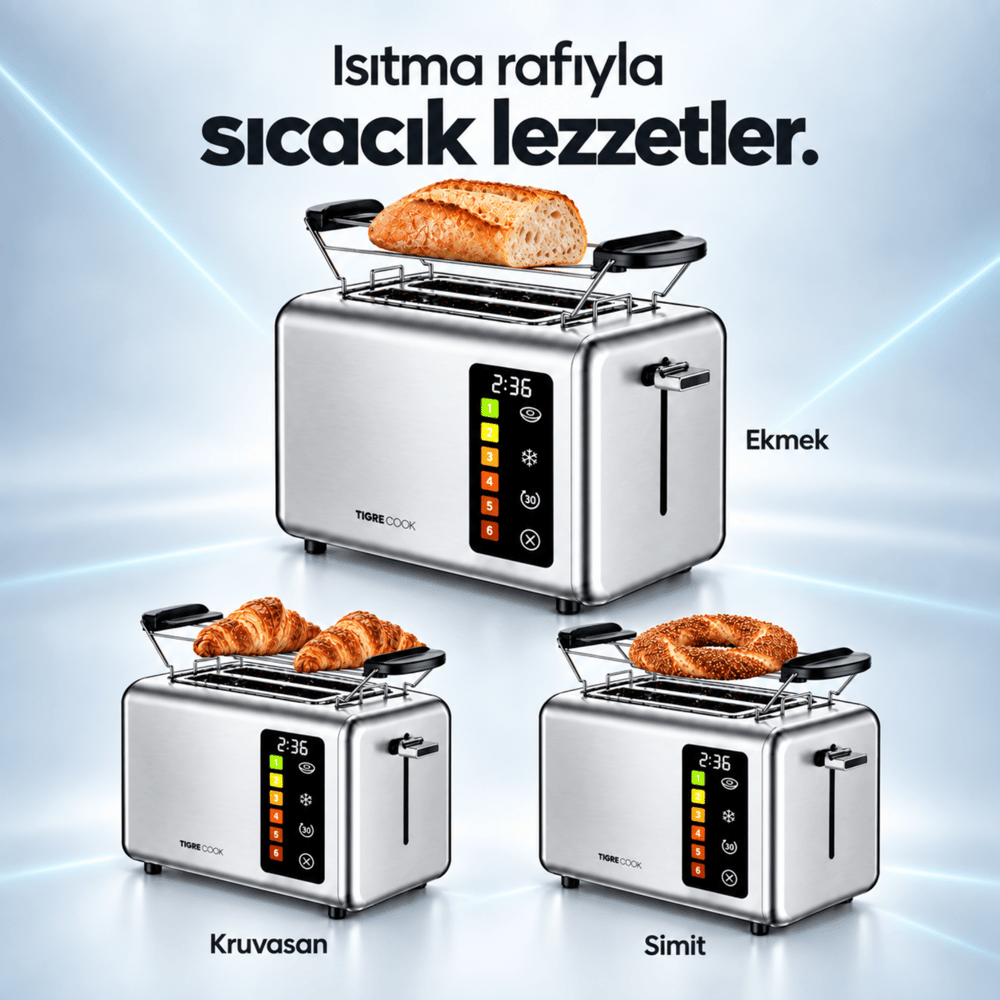 TIGRECOOK 2 Dilim Kapasiteli Dokunmatik Ekmek Kızartma Makinesi – 2 Tost Aparatı ve Ekmek Isıtma Rafı Dahil
