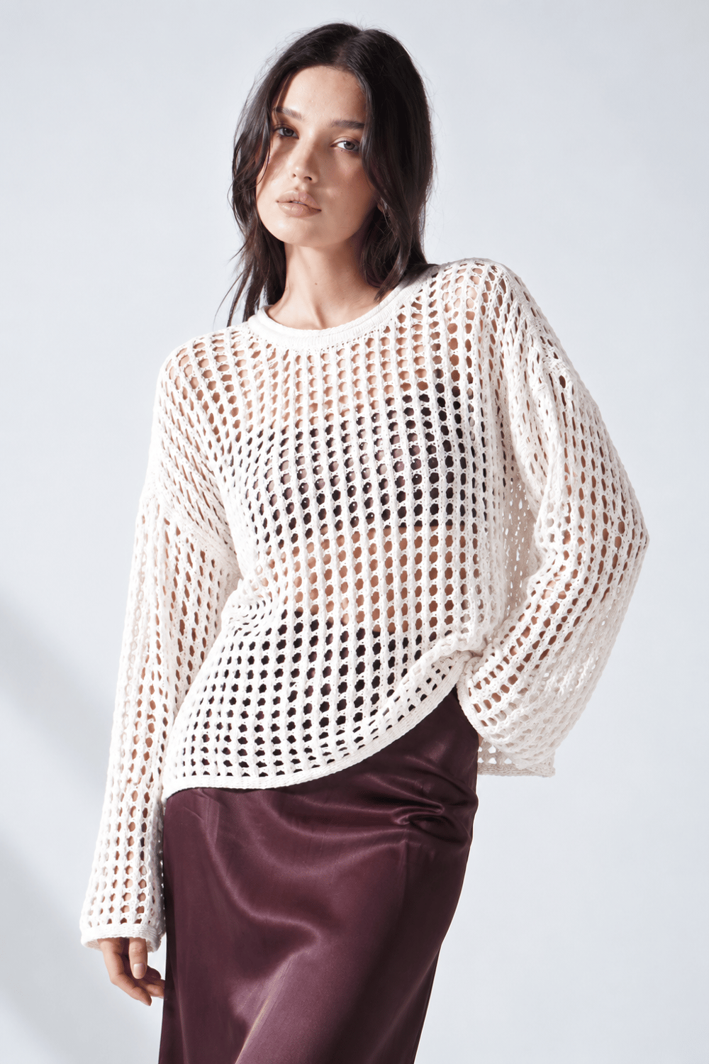 %100 Cotton Delikli Örgü Kazak – Beyaza Yakın Ekru