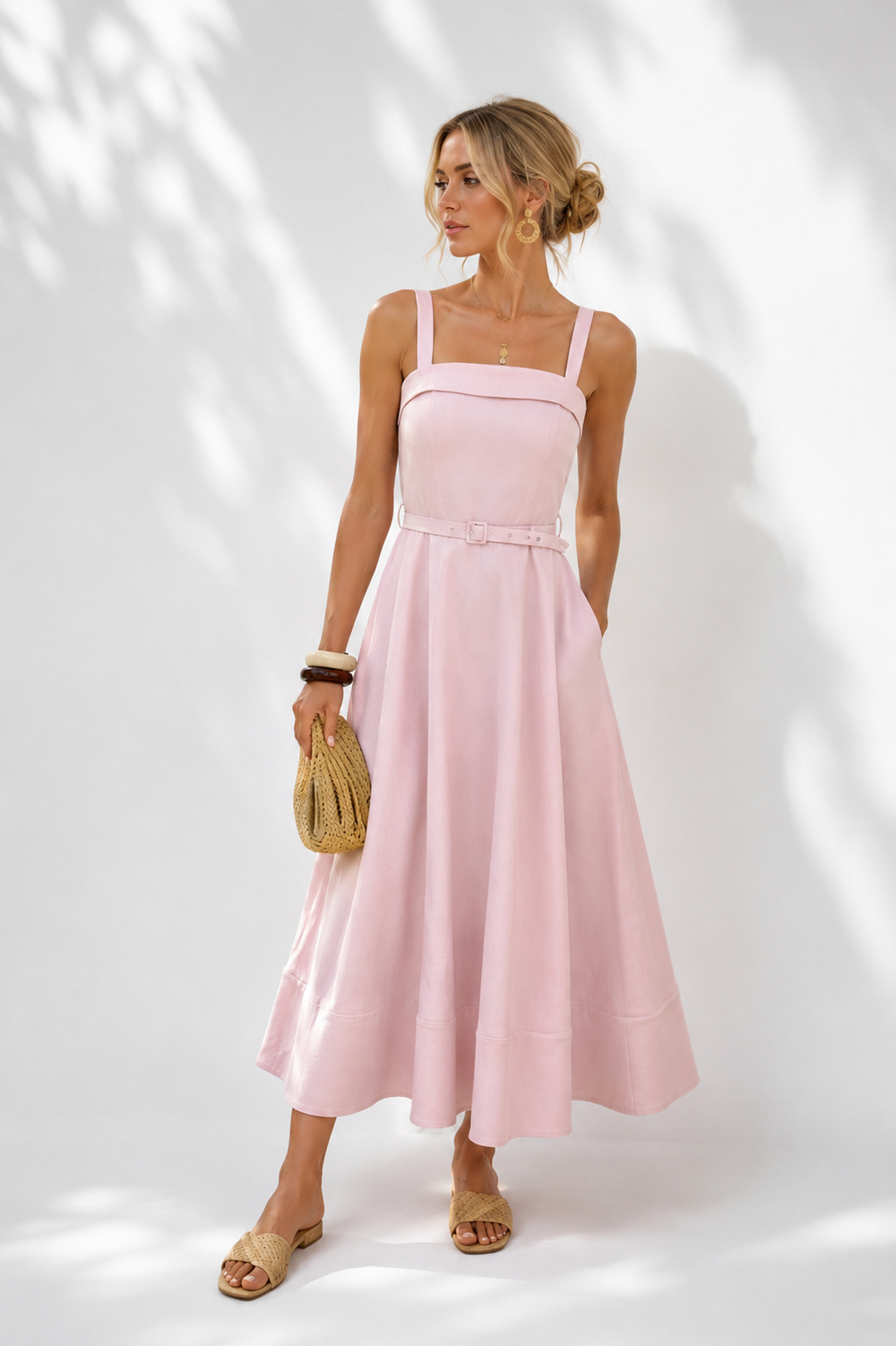 Balmior Premium Keten Midi Elbise – Pudra Pembe