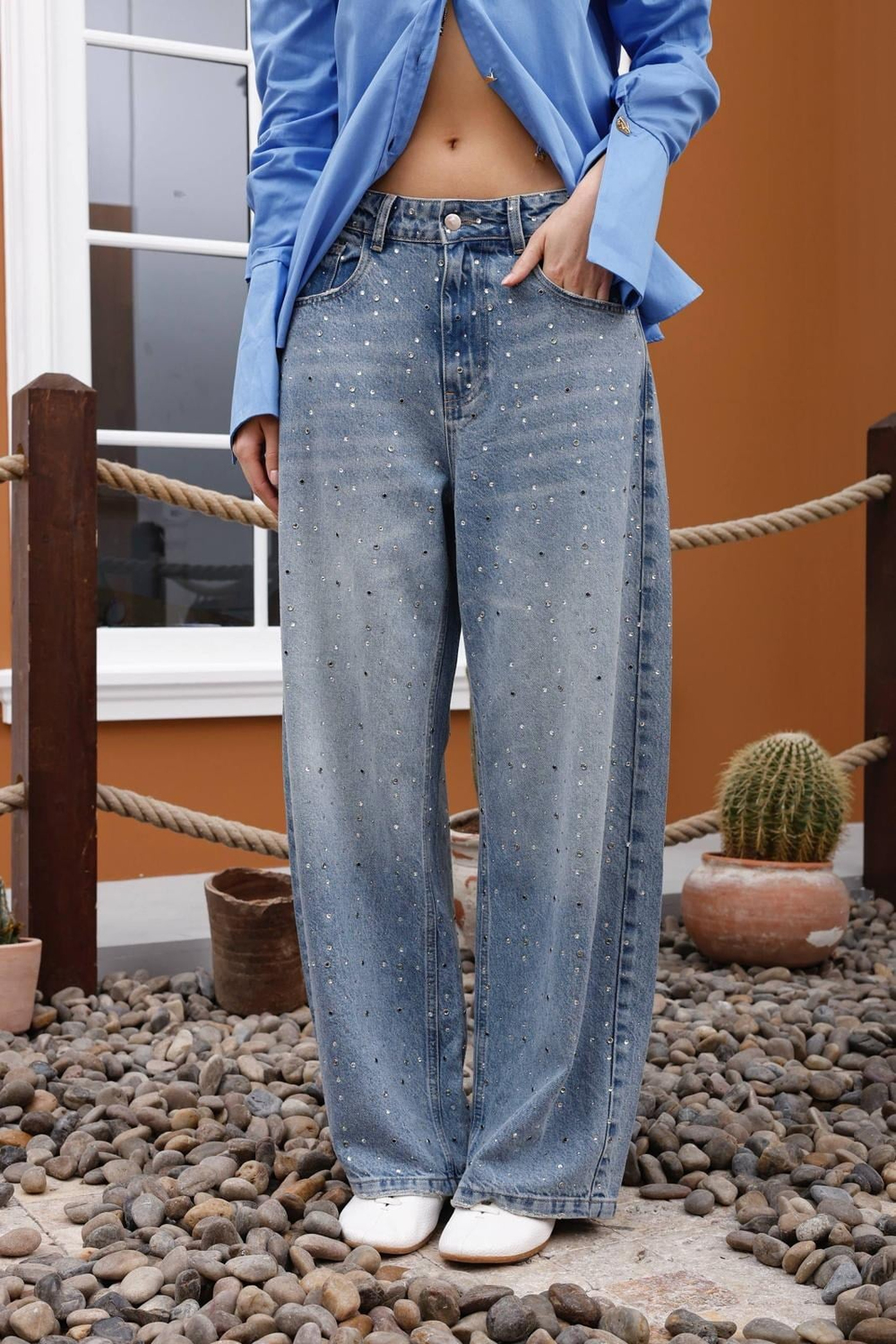 Balmior Taş Detaylı Wide Leg Denim Pantolon
