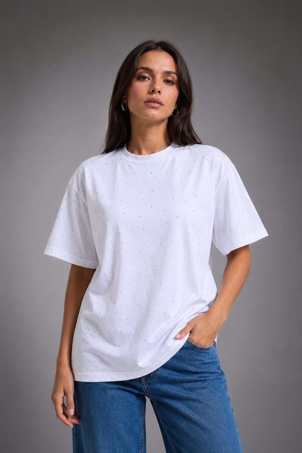 Beyaz Taş Detaylı %100 Cotton Oversize Kadın Tişört