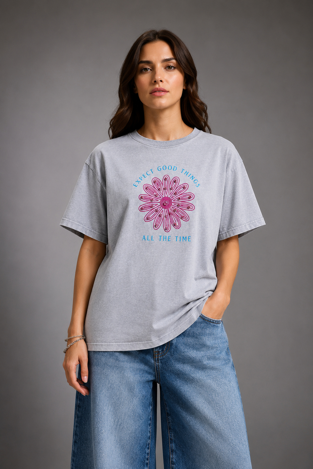 Expect Good Things Baskılı %100 Cotton Oversize Gri Tişört