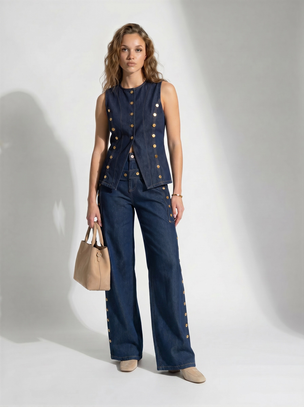 Gold Detaylı Jean Takım – Premium Denim Set (Lacivert)