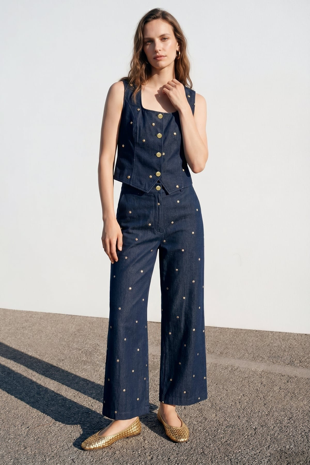 Gold Taş Detaylı Denim Palazzo Pantolon – Premium Seri