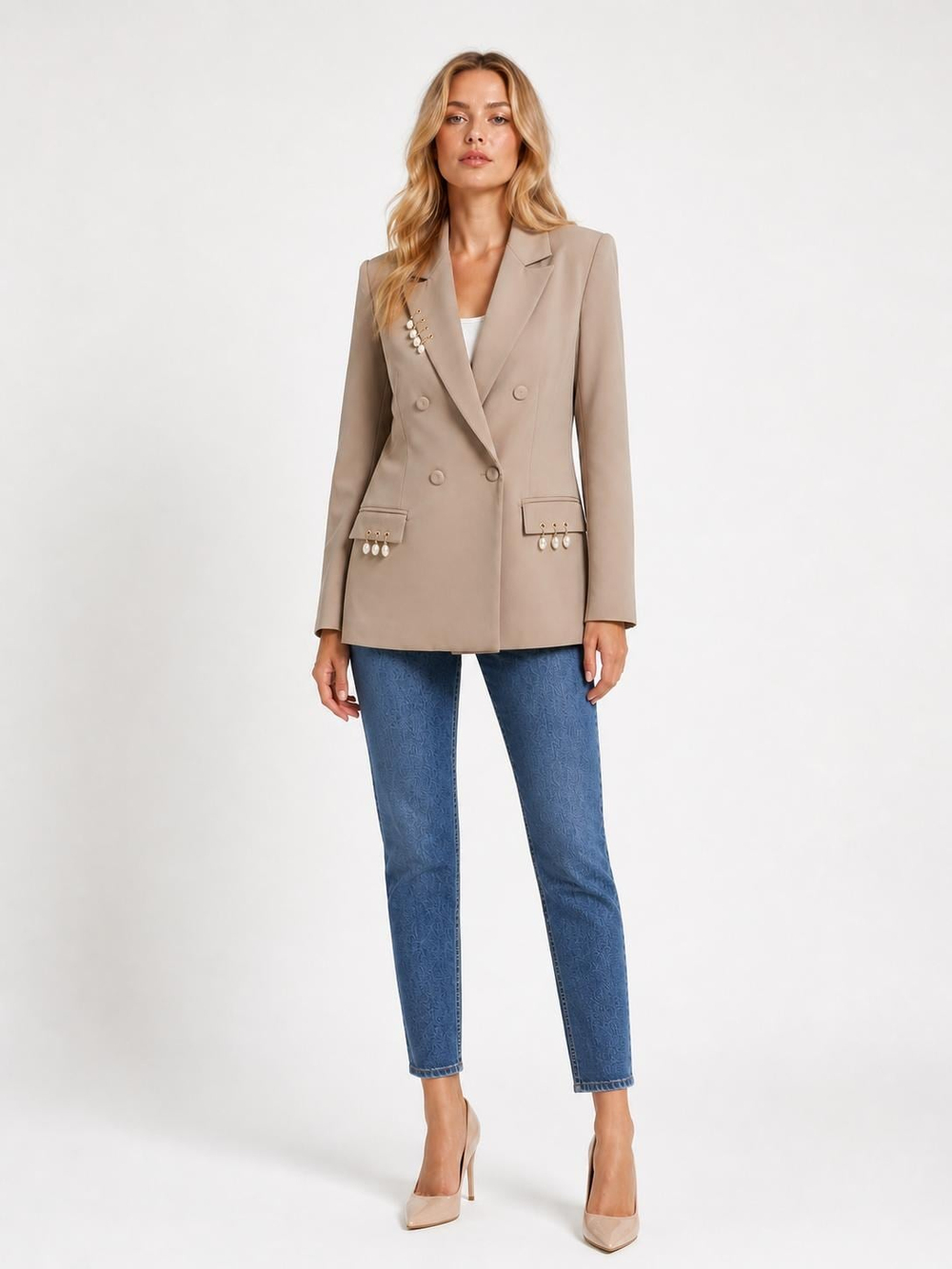 İnci Detaylı Premium Bej Blazer Ceket