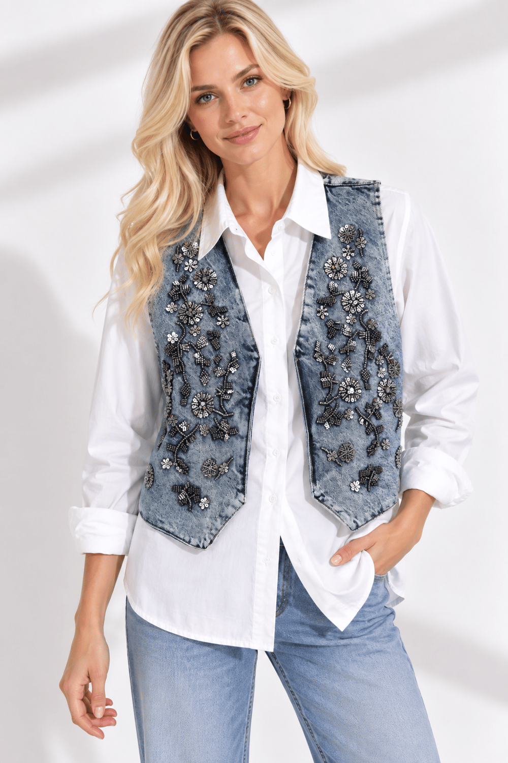 İşlemeli Denim Yelek & Poplin Gömlek İkili Takım – Füme Mavi/Beyaz