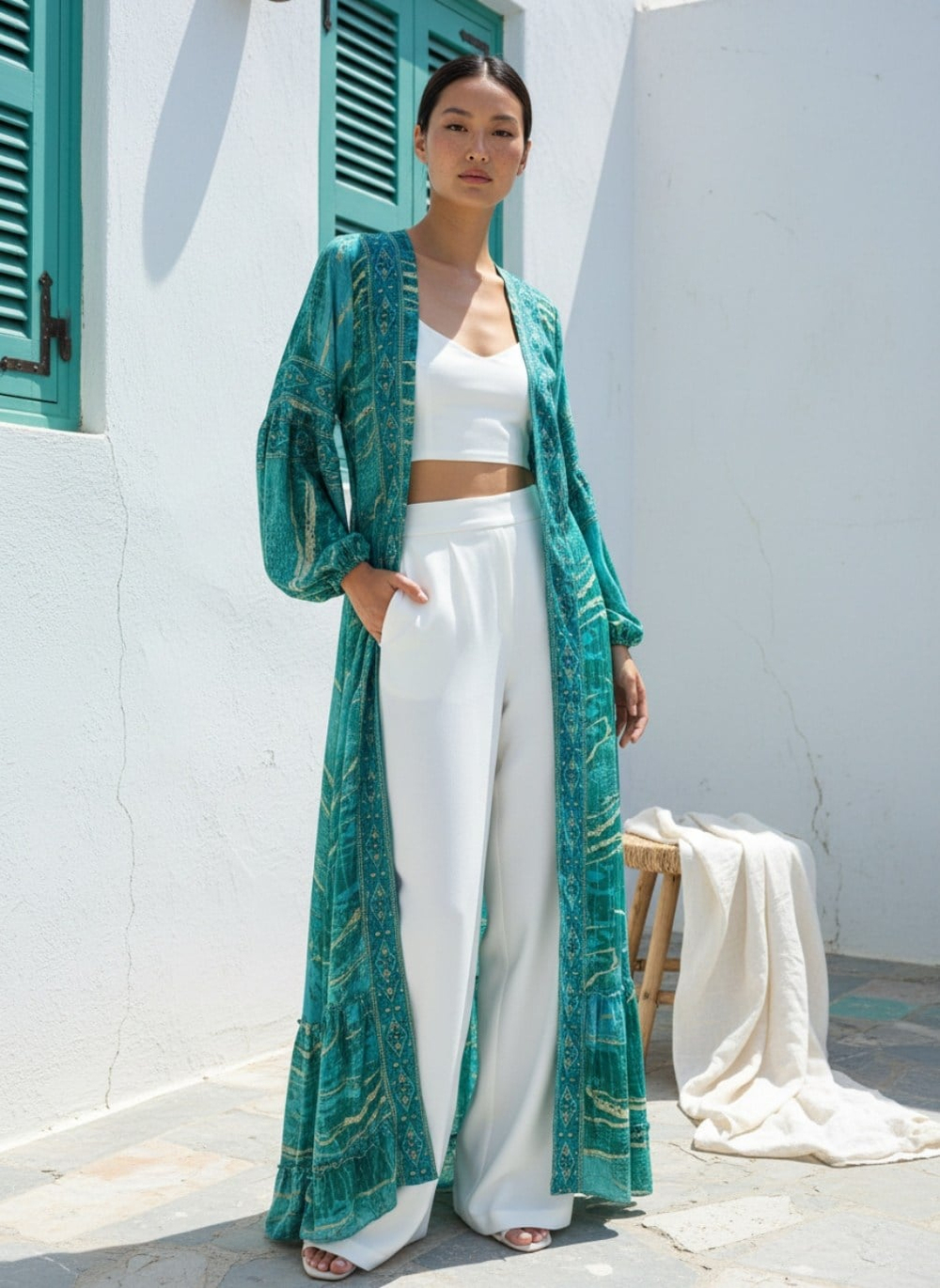 İthal İpek Kimono Elbise – Gold Yaldızlı Maxi Boy Kruvaze Bağlamalı Balon Kol Bohem Elbise