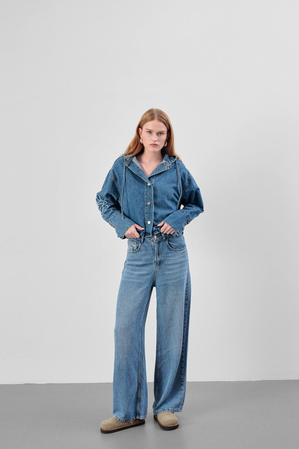 Kapüşonlu İşleme Detaylı Denim Ceket Gömlek