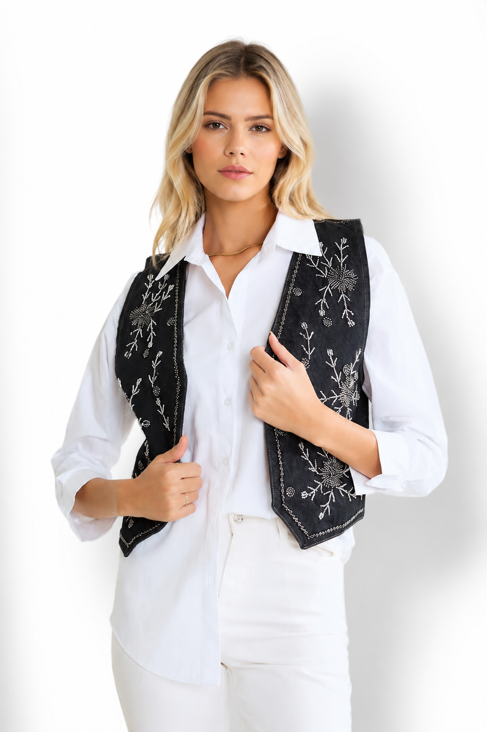 Nakış İşlemeli Denim Yelek & Beyaz Oversize Gömlek İkili Takım