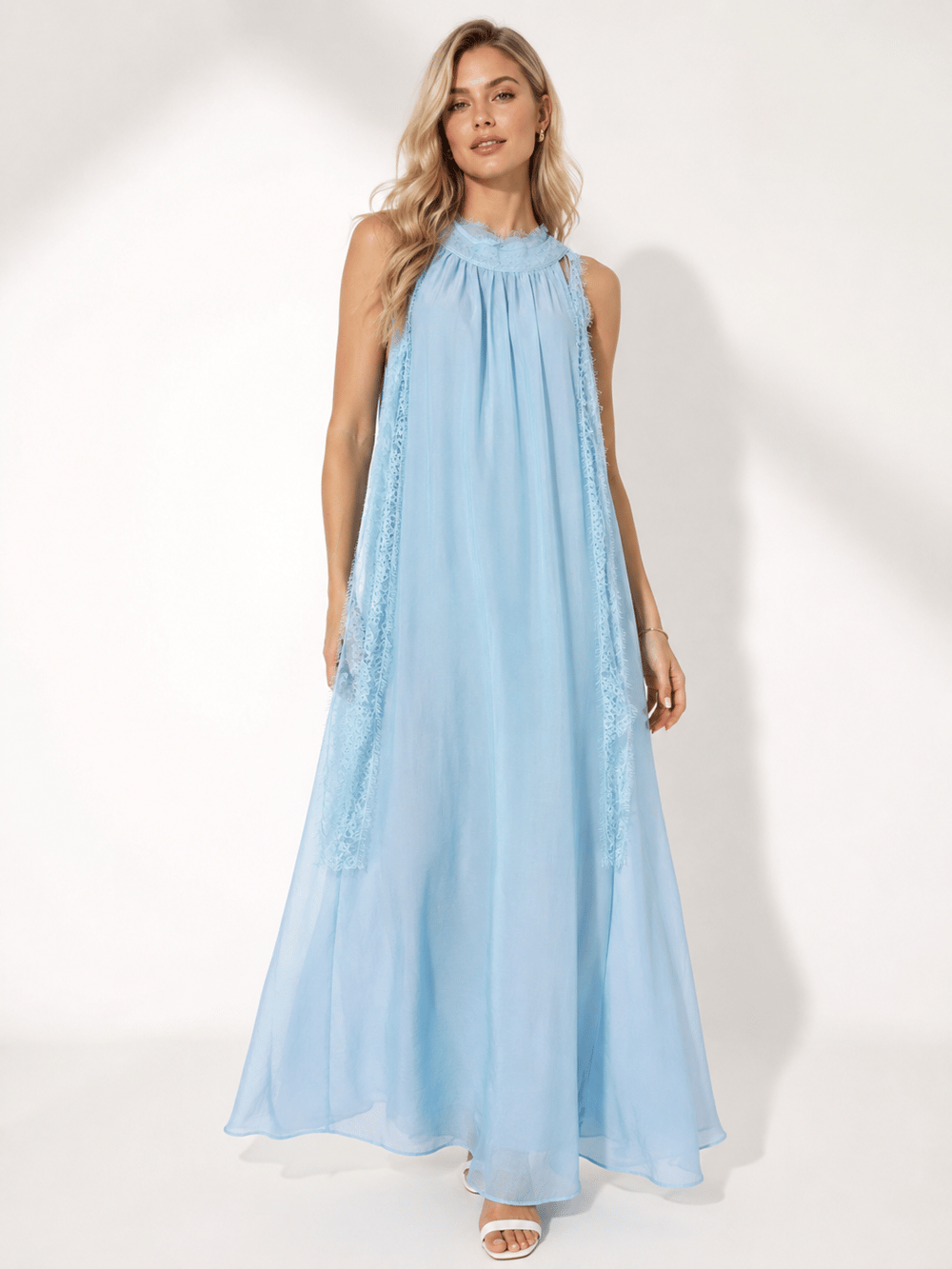 Premium Astarlı Dantel Detaylı Maxi Elbise – Bebe Mavi