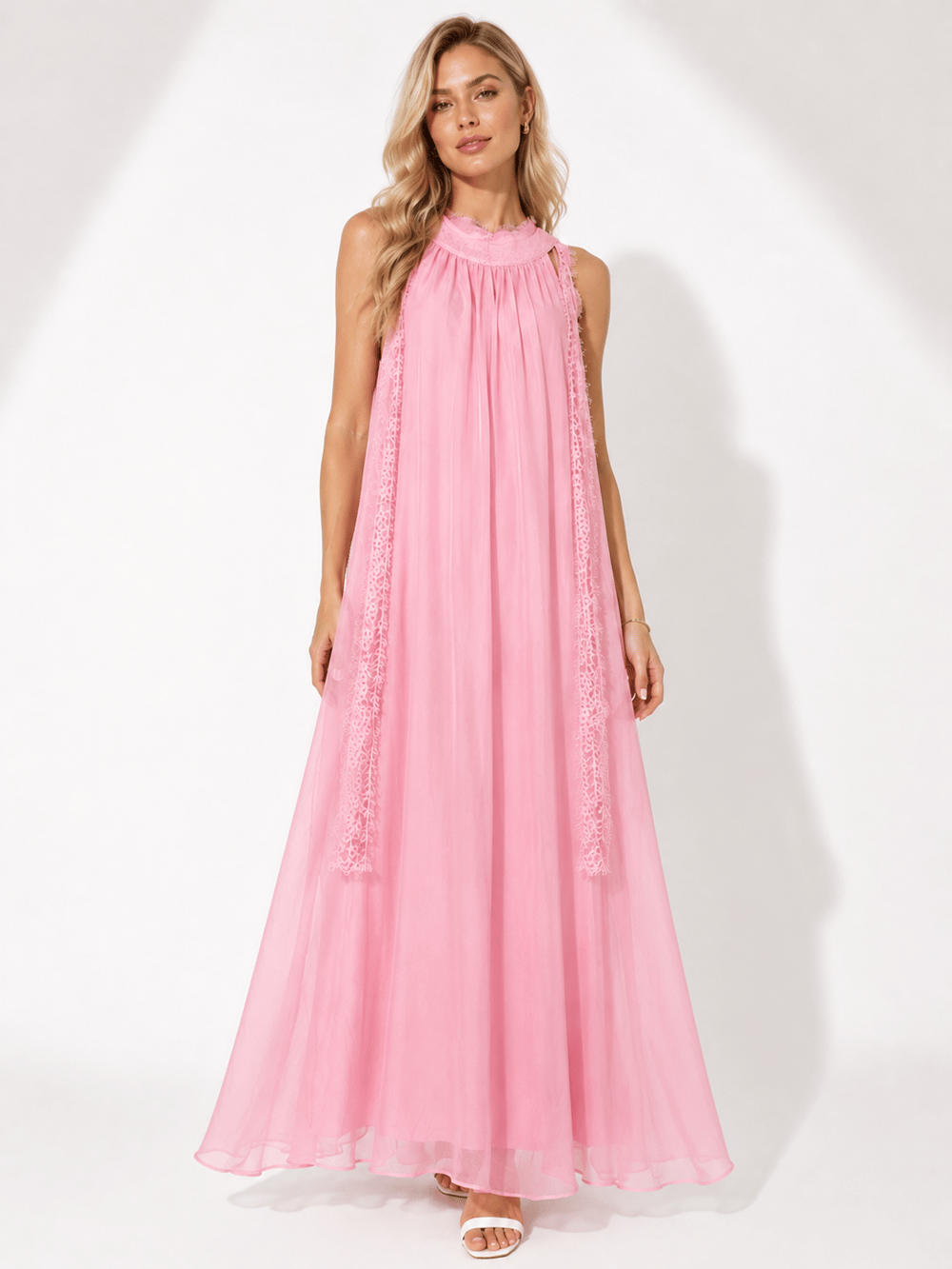 Premium Astarlı Dantel Detaylı Maxi Elbise – Pembe