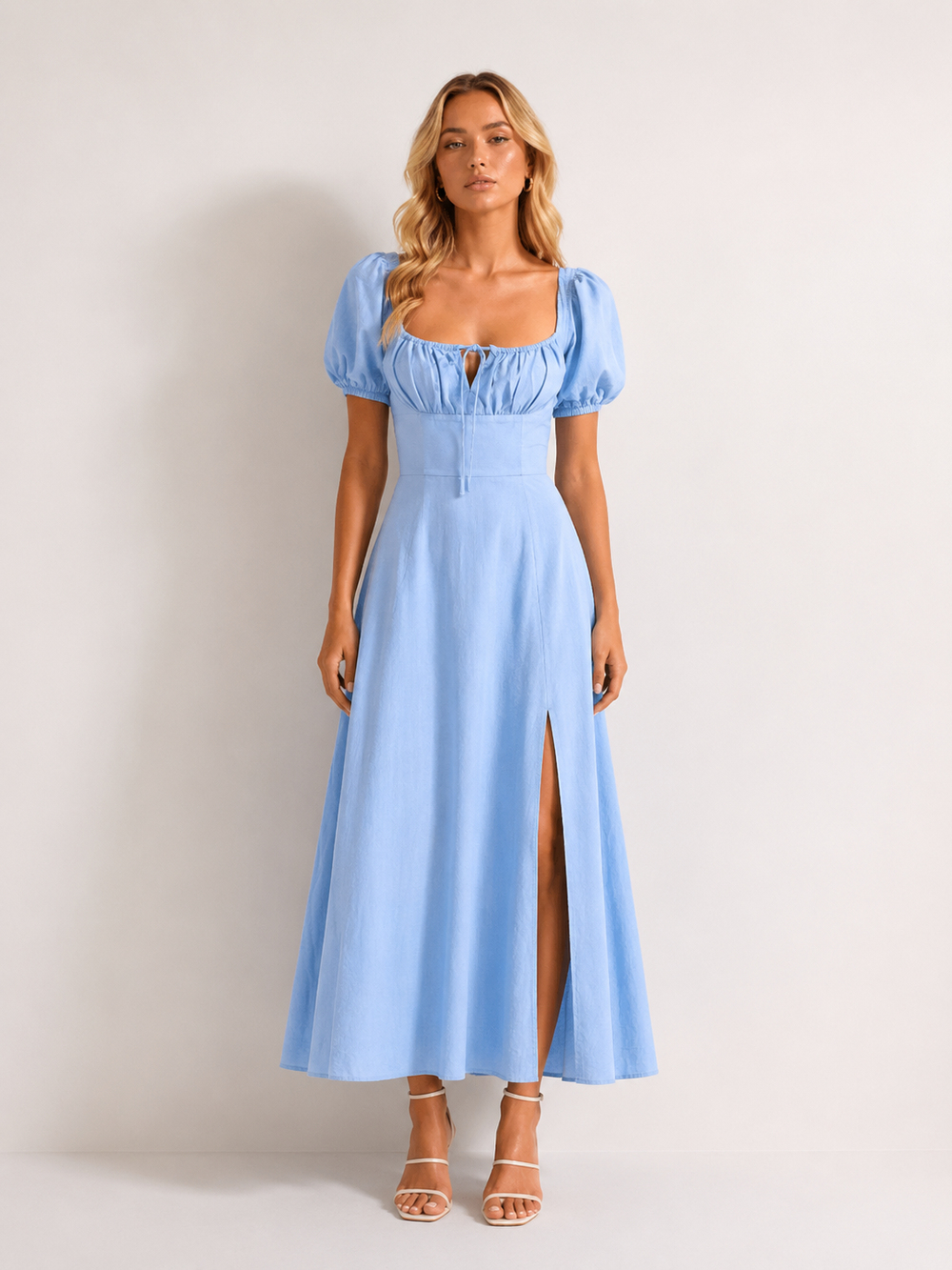 Premium Büzgü Detaylı Yırtmaçlı Maxi Elbise - Bebe Mavi