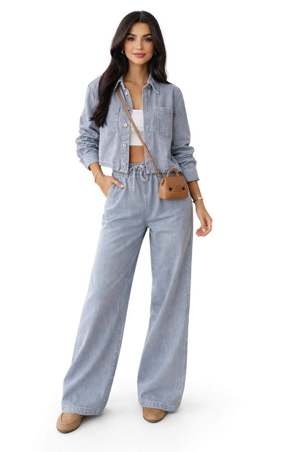 Premium Denim Crop Ceket & Palazzo Pantolon Takım