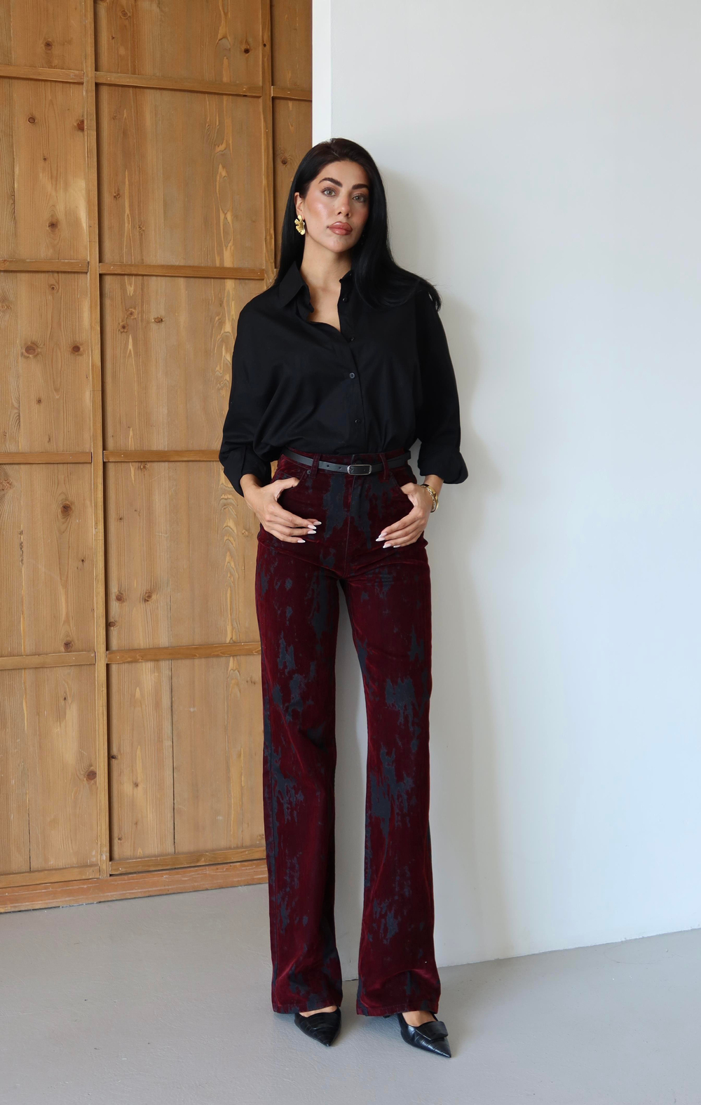 Premium Desenli Yüksek Bel Wide Leg Pantolon-Bordo