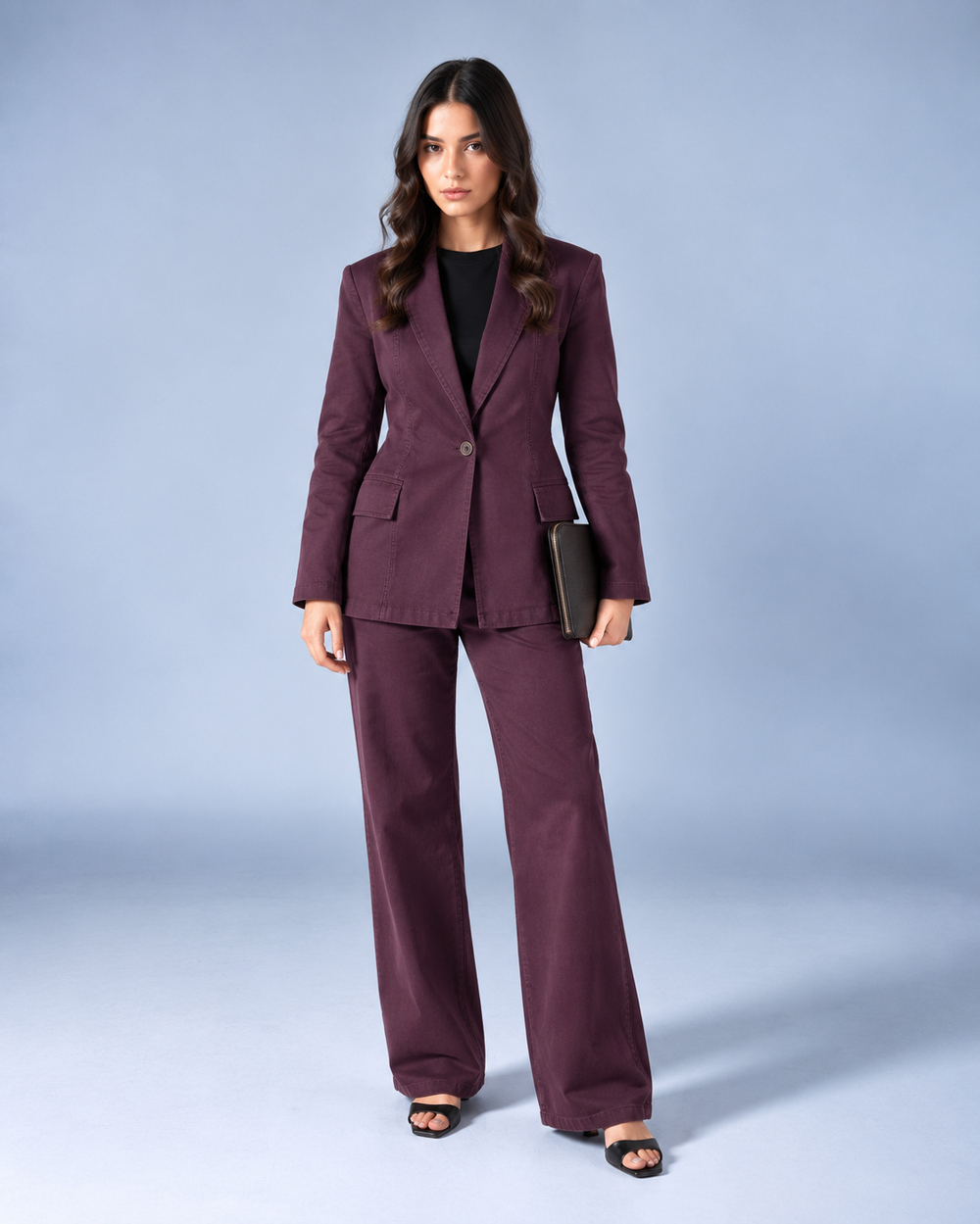 Premium Jean Ceket & Geniş Paça Pantolon Takım – Mürdüm