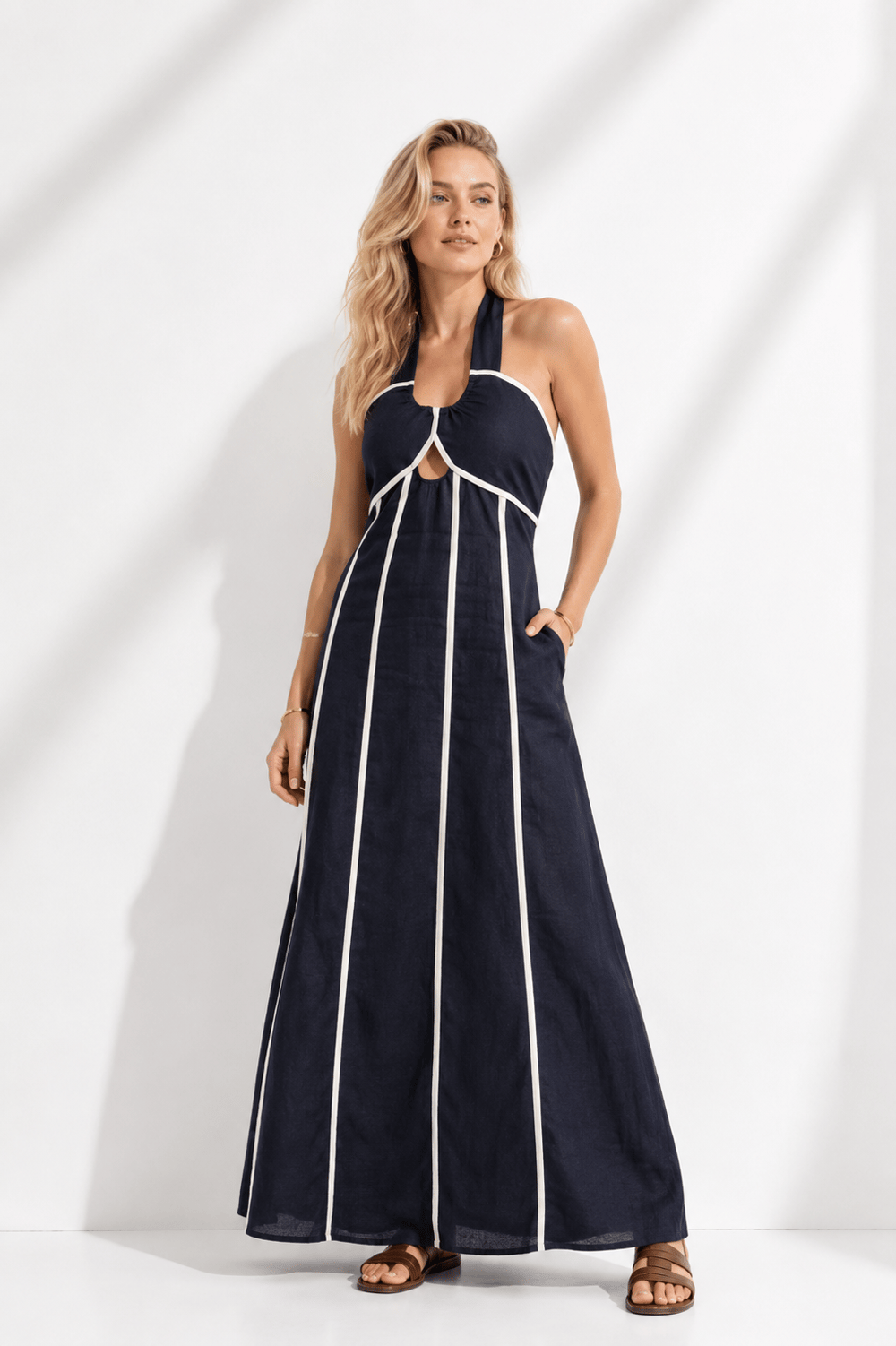 Premium Keten Halter Yaka Maxi Elbise – Lacivert