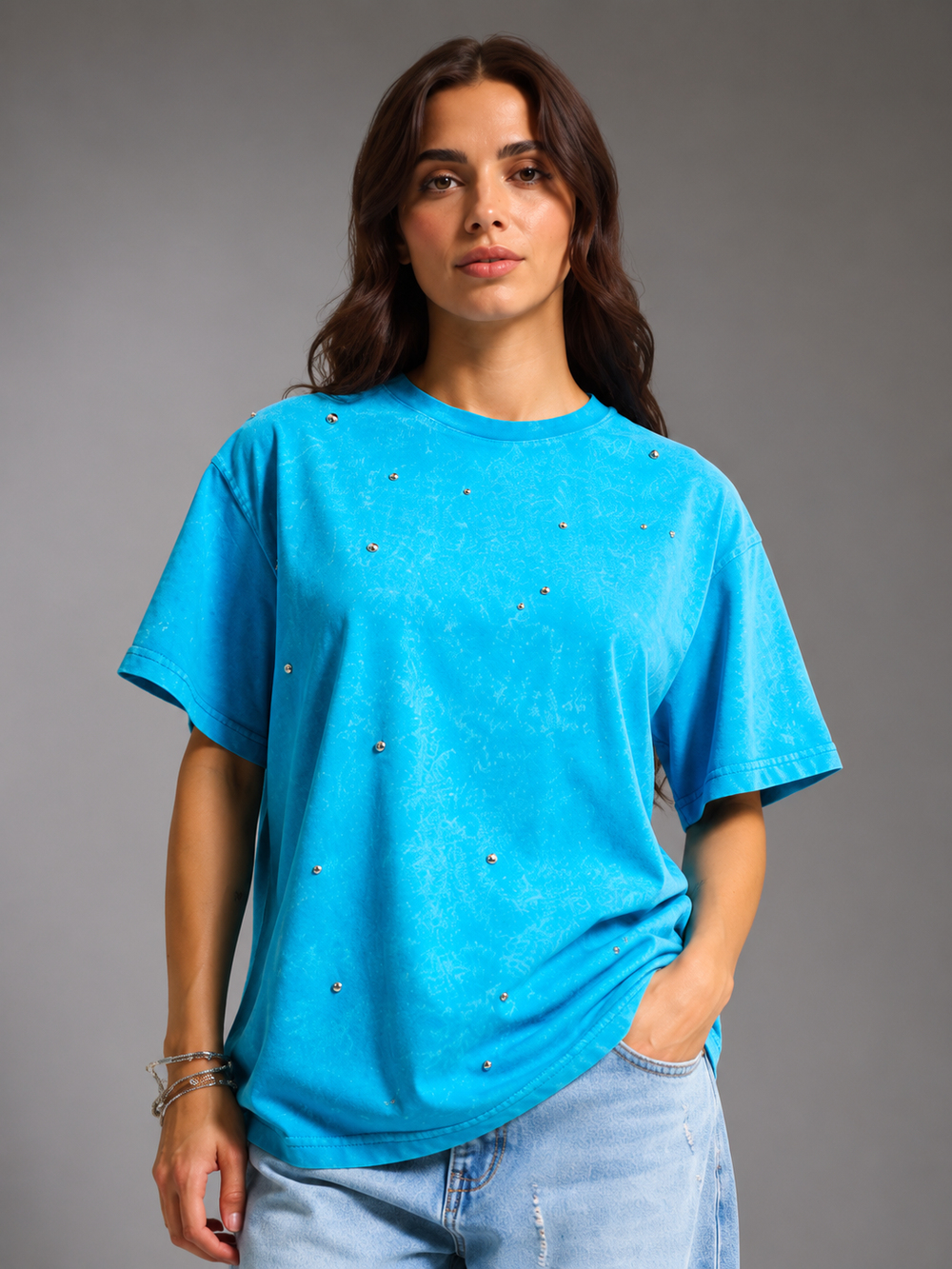Taş Detaylı %100 Cotton Oversize Mavi Tişört