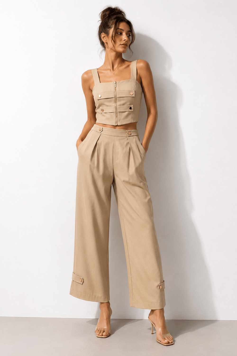 Vizon Gold Detaylı Crop Büstiyer Pantolon Takım