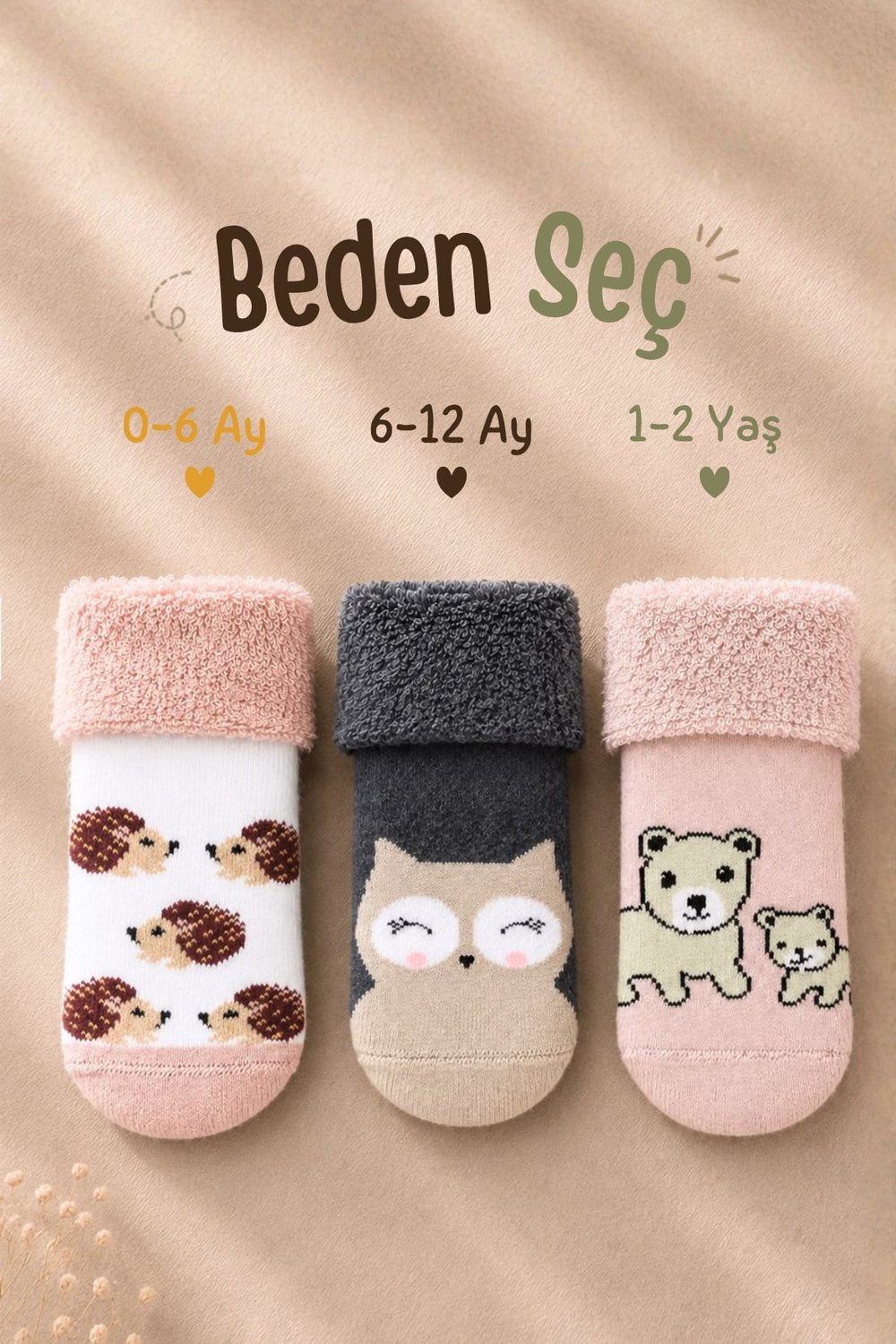 Çoçuk Çok Renkli Havlu Kıvrık Patik Çorap Desenli 3lü Paket - 0-6 Ay