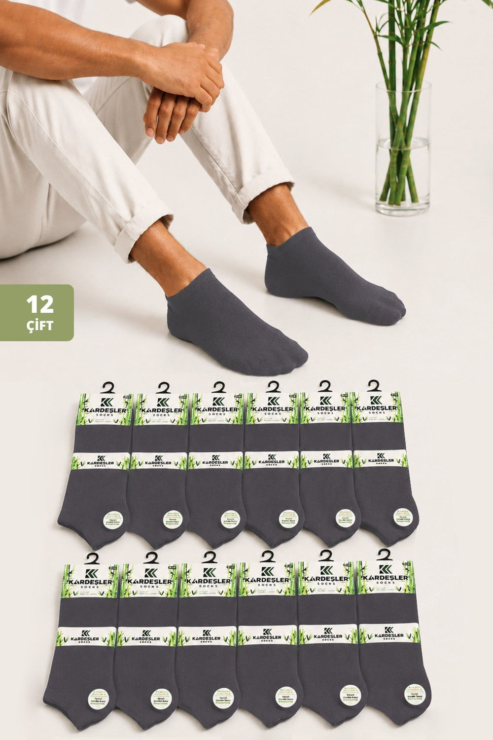 Erkek 12lı Gri Bambu Patik Çorap Seti - 39-42