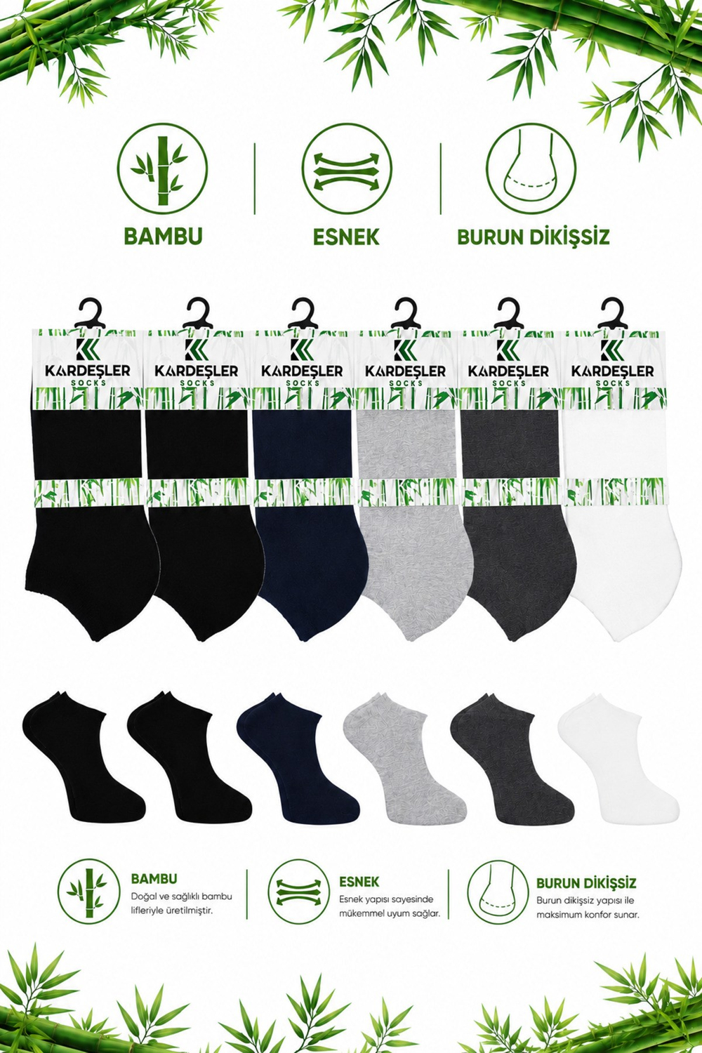 Erkek 6'lı Çok Renkli Bambu Patik Çorap Seti - 43-46