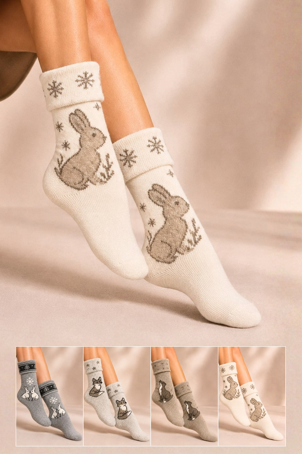 Kadın Desenli Kıvrık Havlu Lambswool Soket Çorap 4lü Çorap - 36 - 40