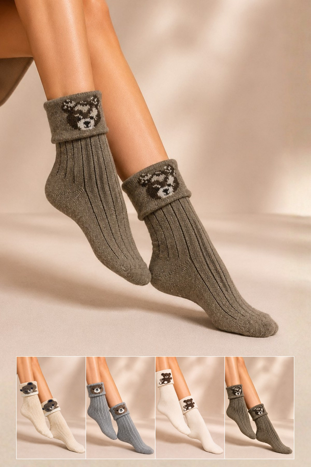 Kadın Desenli Kıvrık Havlu Lambswool Soket Çorap 4lü Çorap - 36 - 40