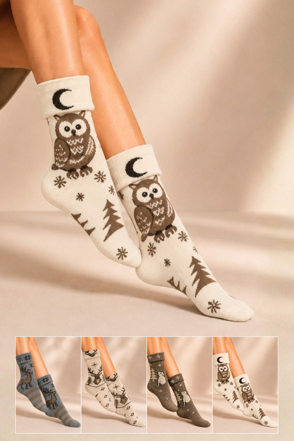 Kadın Desenli Kıvrık Havlu Lambswool Soket Çorap 4lü Çorap - 36 - 40