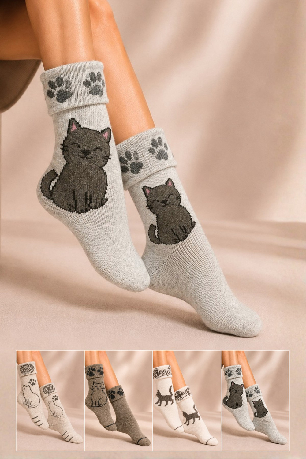 Kadın Desenli Kıvrık Havlu Lambswool Soket Çorap 4lü Çorap - 36 - 40