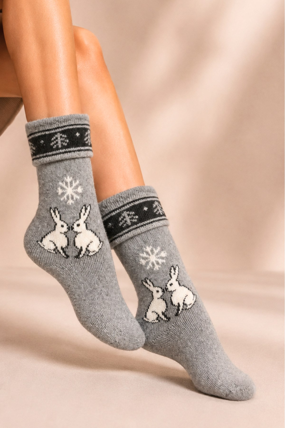 Kadın Desenli Kıvrık Havlu Lambswool Soket Çorap 4lü Çorap - 36 - 40