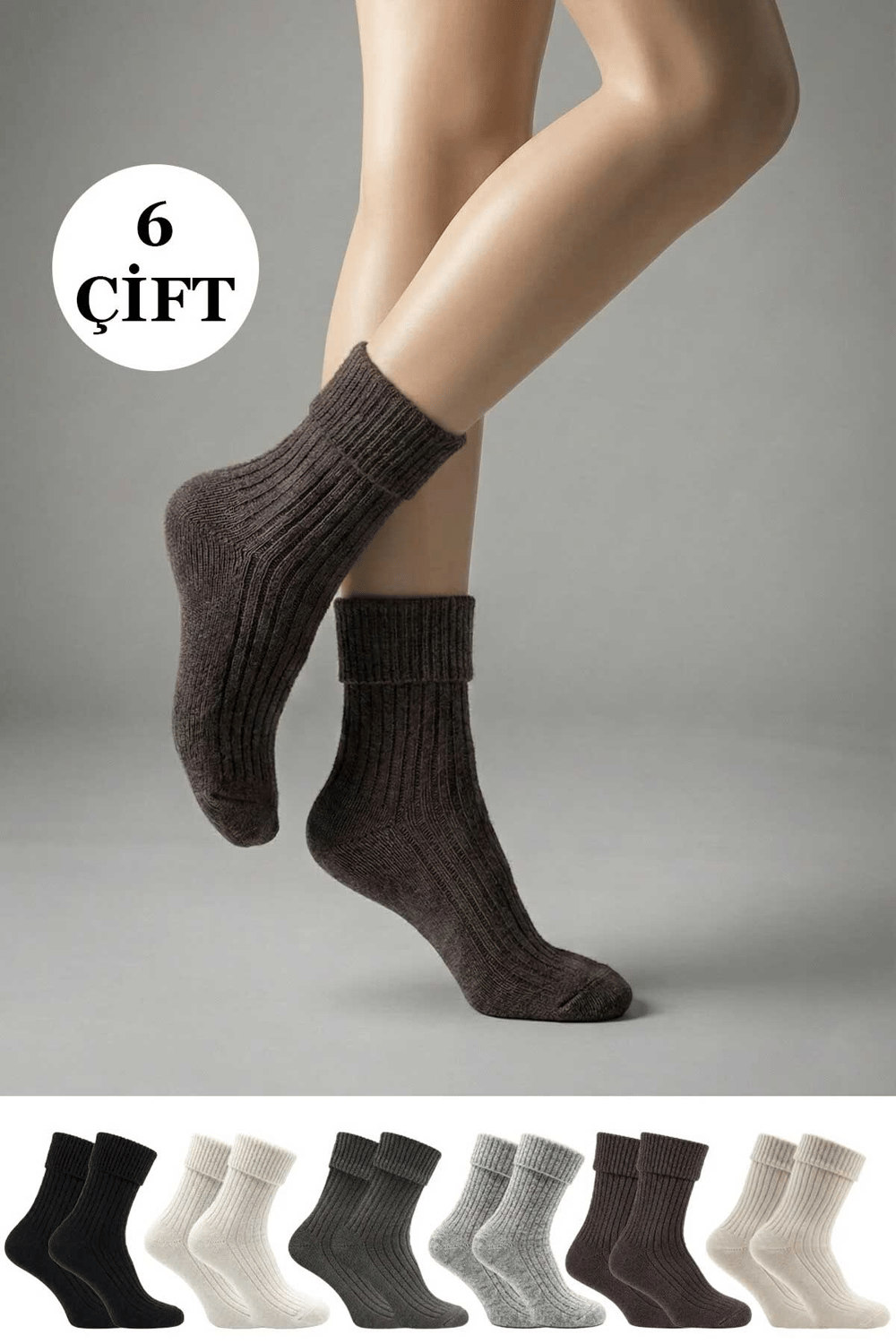 Kadın Kıvrık Lambswool Yün Yarım Konç Çorap 6lı Paket