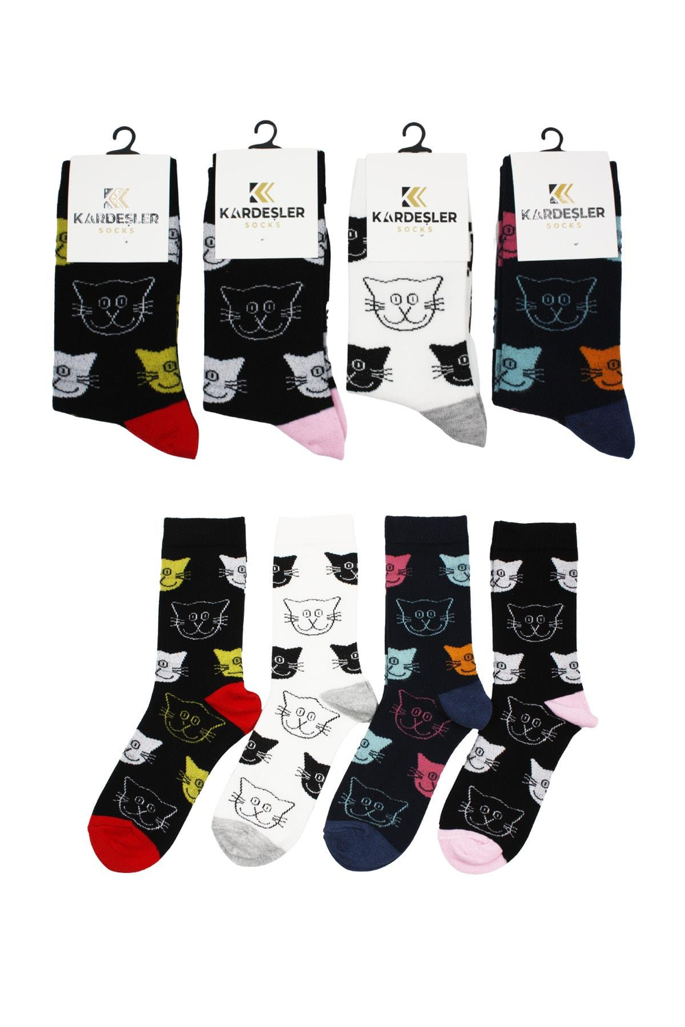 Unisex Kedi Desenli Pamuklu Çorap 4lü Paket