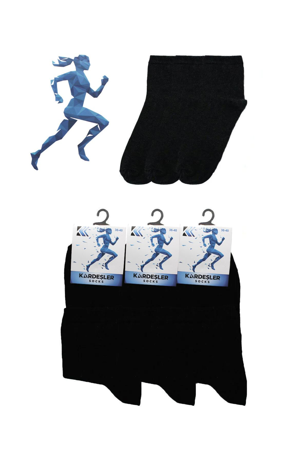 Unisex Yarım Konç Siyah Pamuklu Düz Çorap 3lü Paket