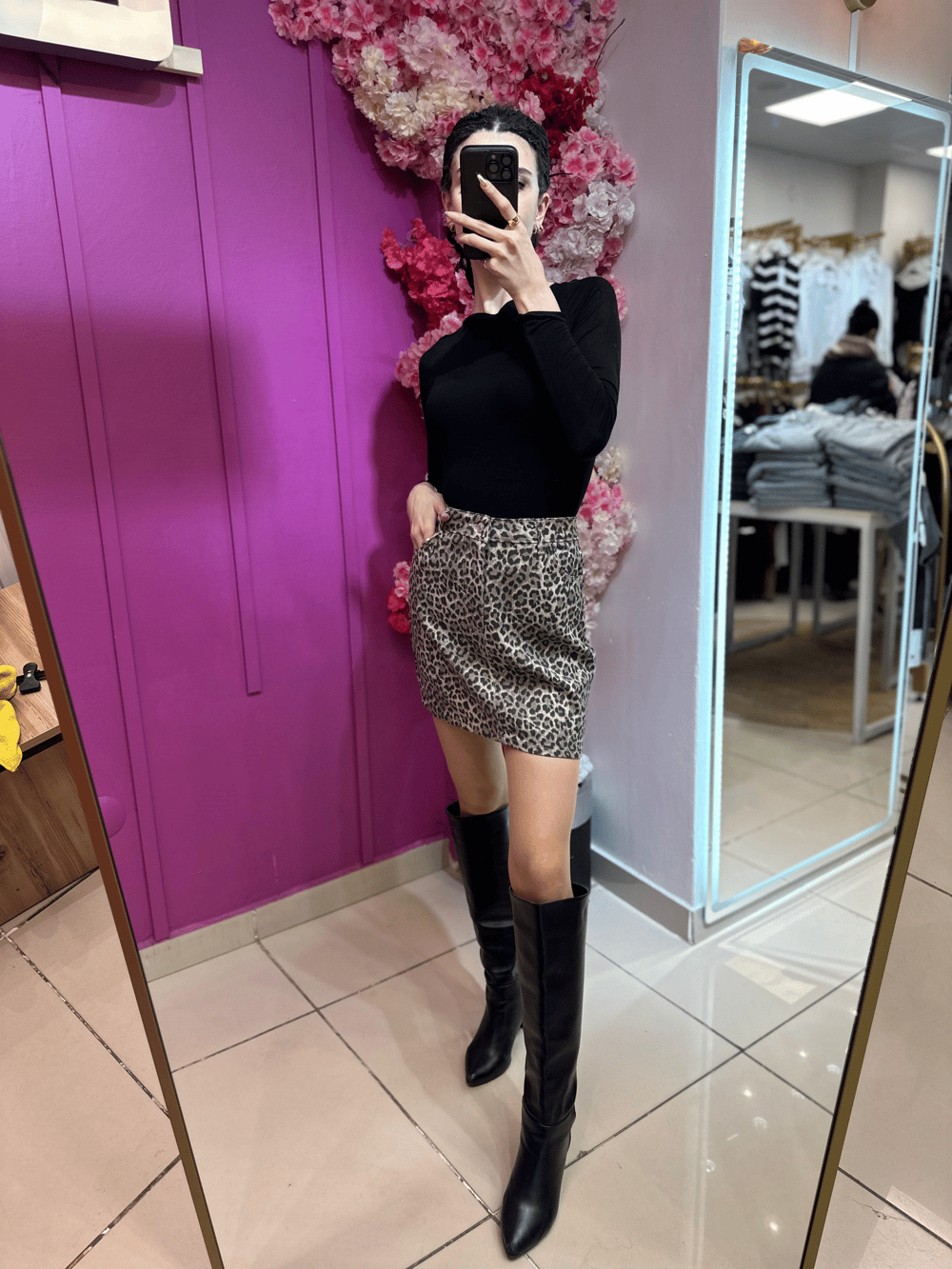 Açık Leopar Denim Etek