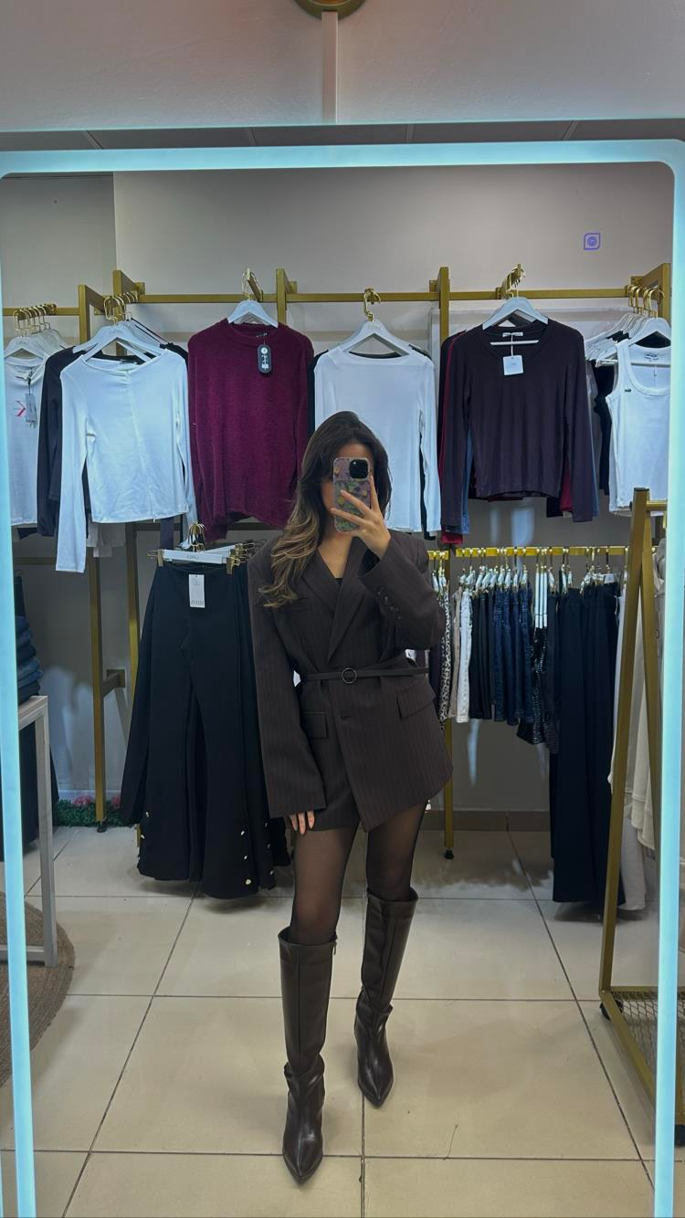 Acıkahve Mavi Çizgili Oversize Ceket