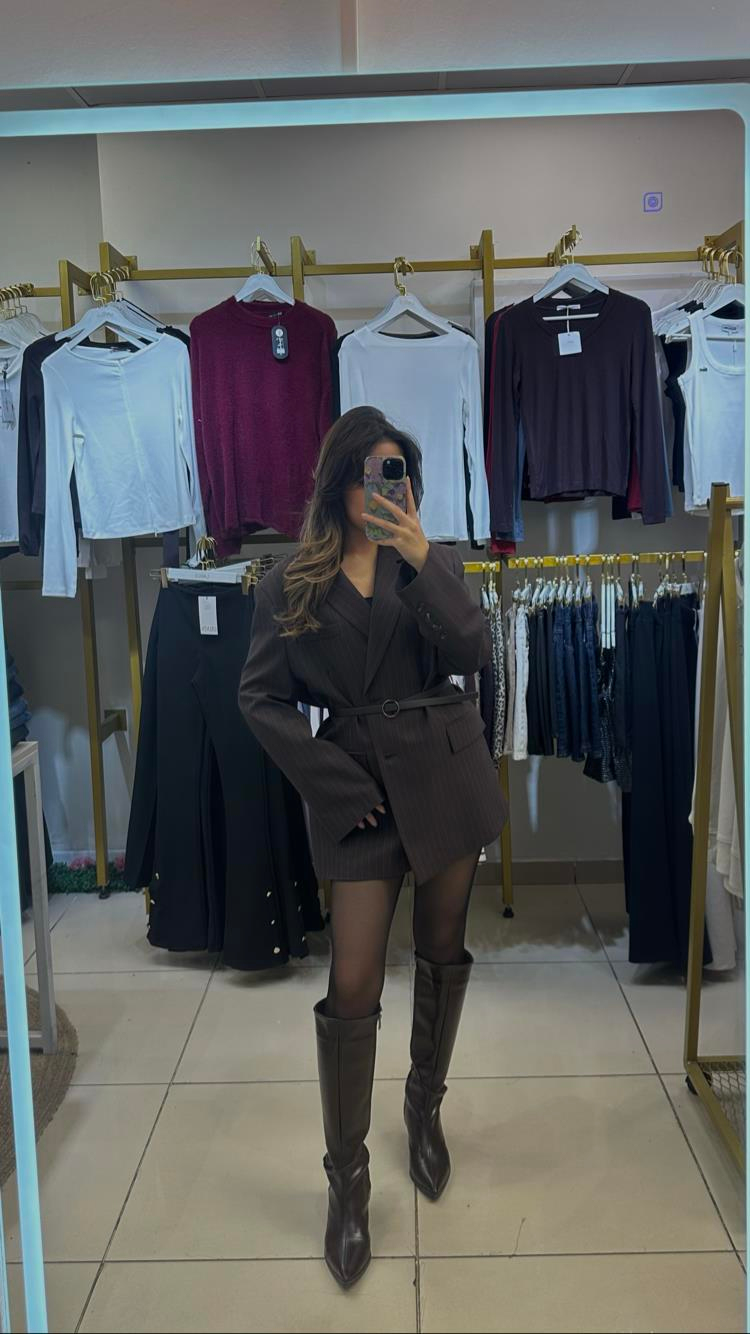 Acıkahve Mavi Çizgili Oversize Ceket