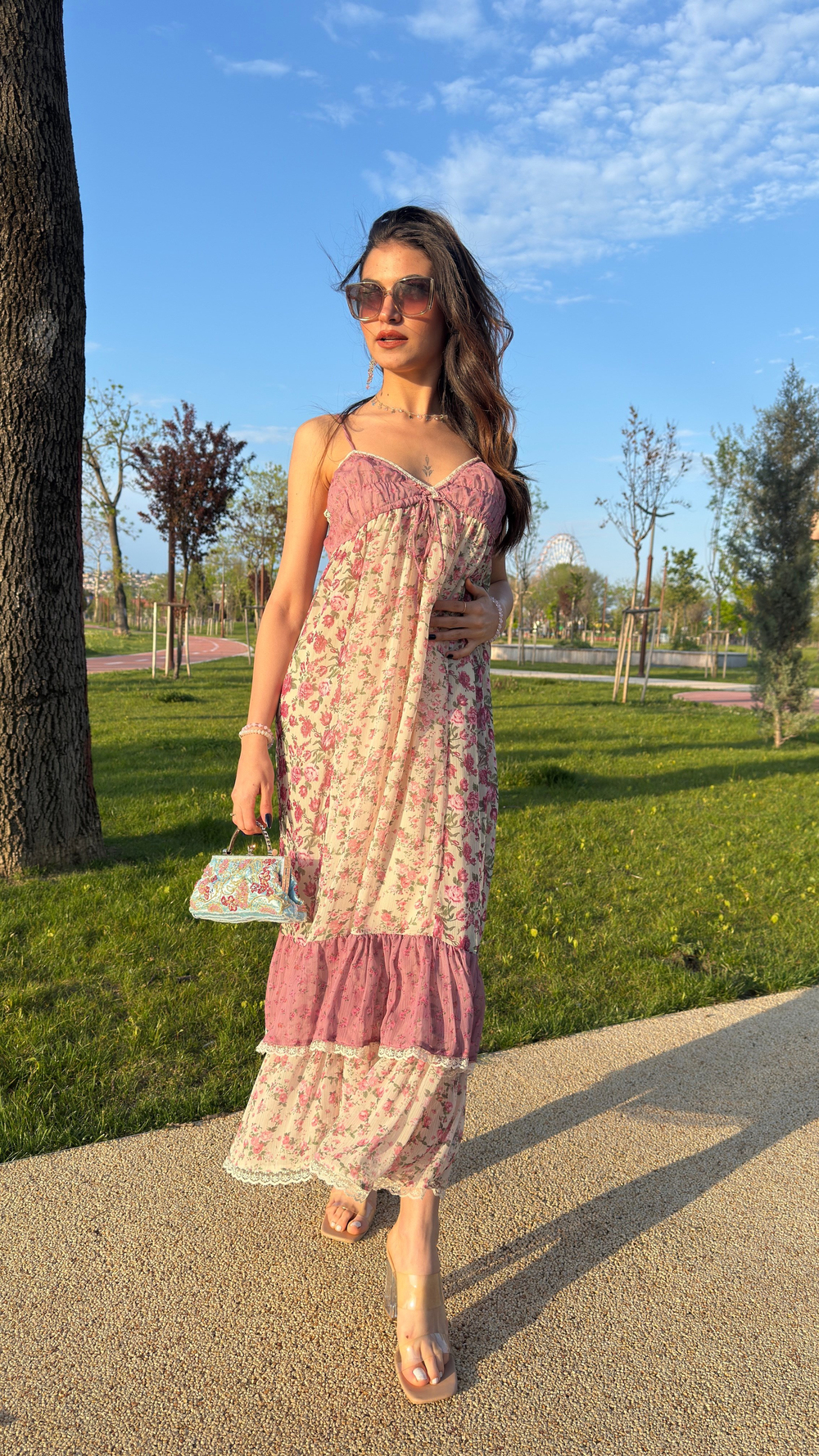 BAHAR ÇİÇEKLİ PINTEREST ELBİSE - PEMBE