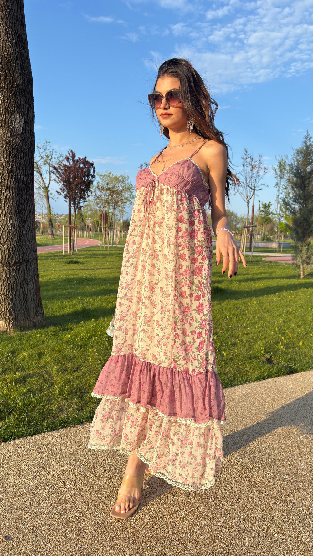 BAHAR ÇİÇEKLİ PINTEREST ELBİSE - PEMBE