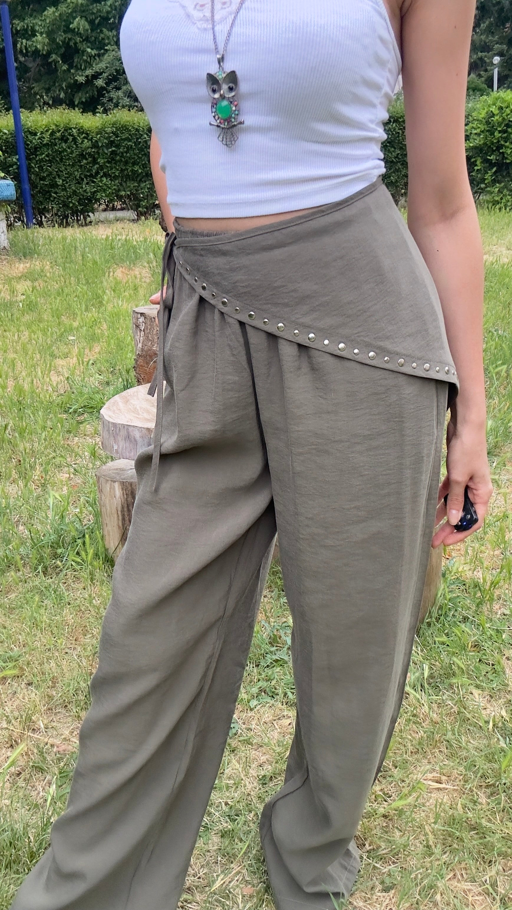 MARKA MUADİLİ FULARLI TENSEL PANTOLON - HAKİ
