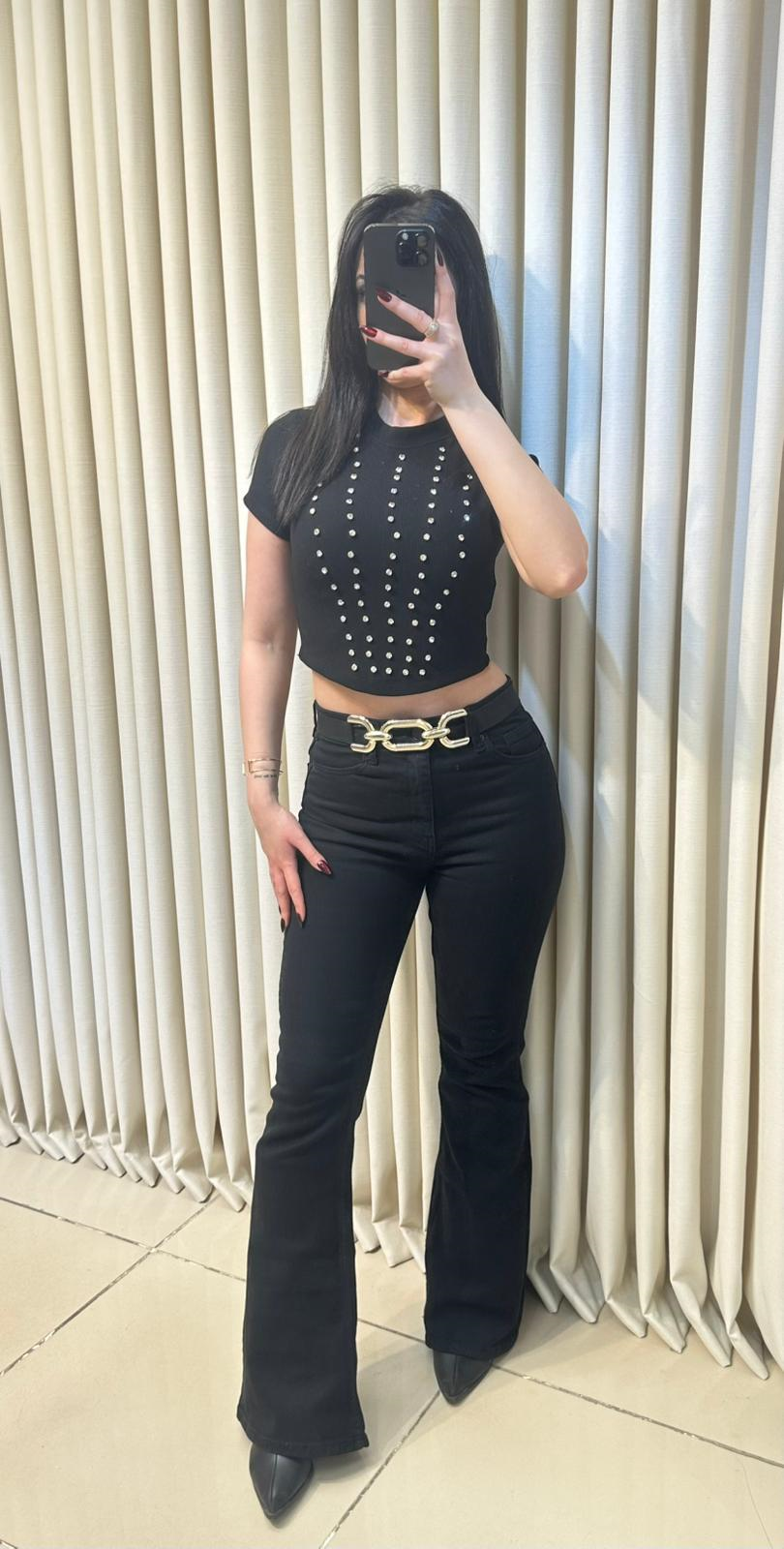 Siyah Taşlı Crop