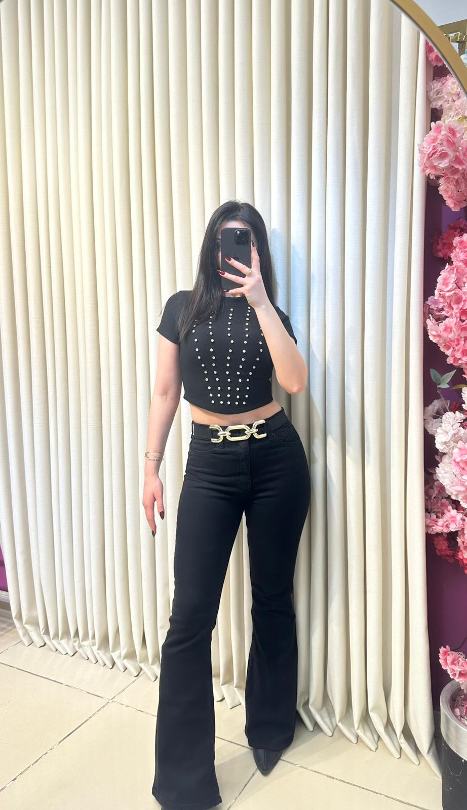 Siyah Taşlı Crop