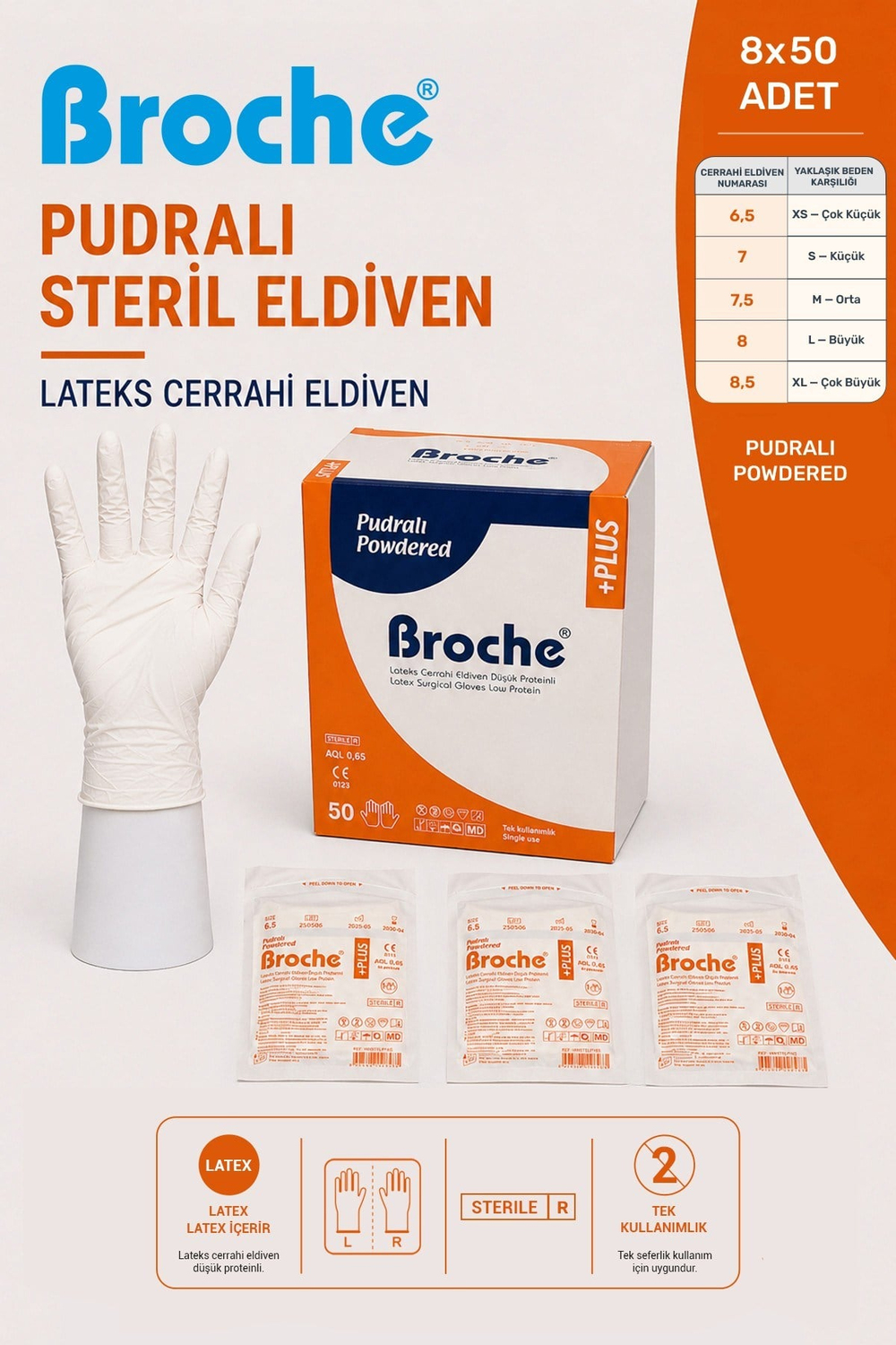 PUDRALI STERİL CERRAHİ ELDİVEN 8Lİ PAKET