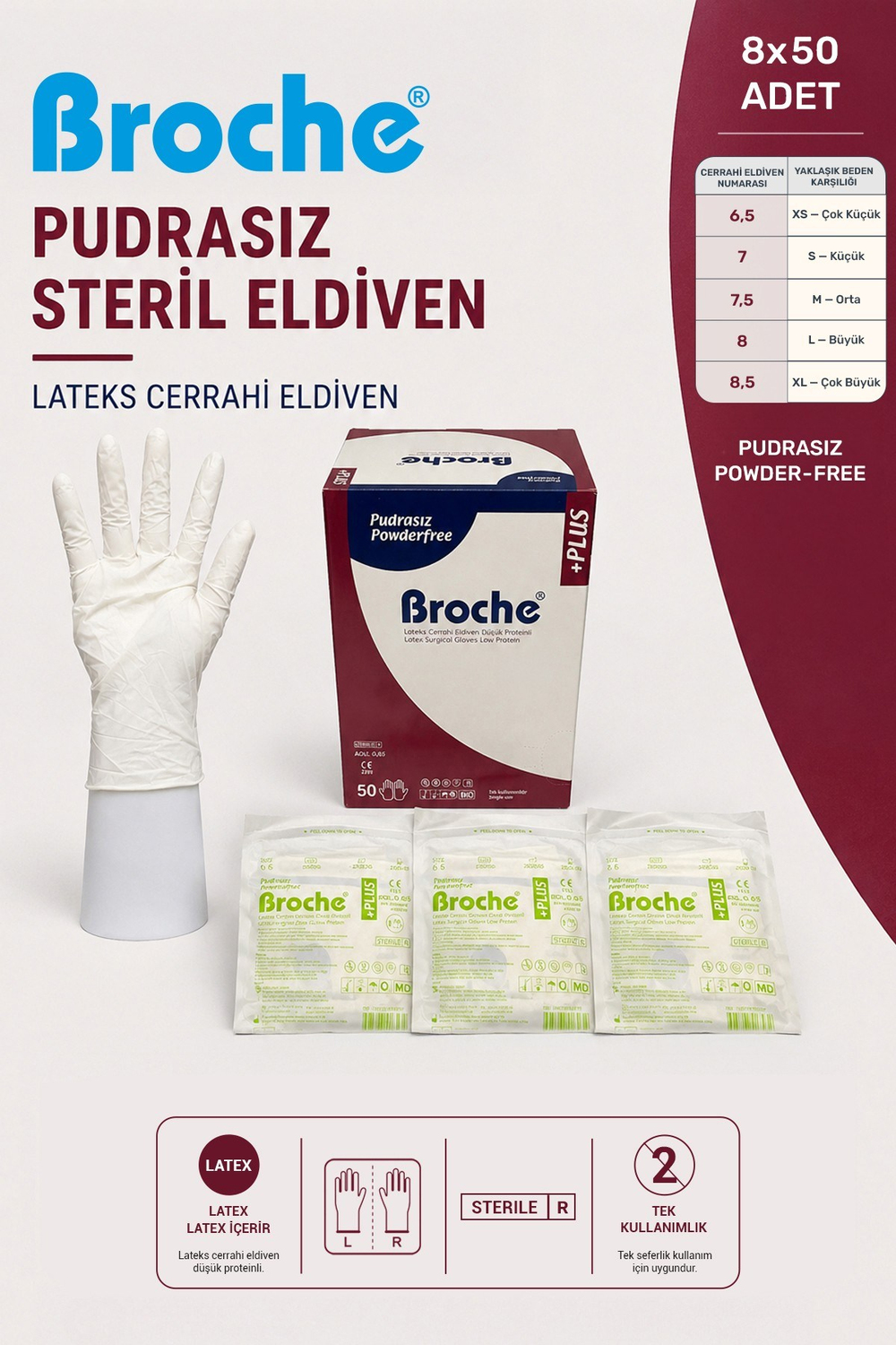 PUDRASIZ STERİL CERRAHİ ELDİVEN 8Lİ PAKET