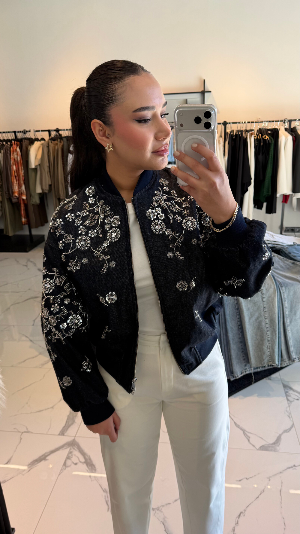 İşleme Detaylı Denim Ceket